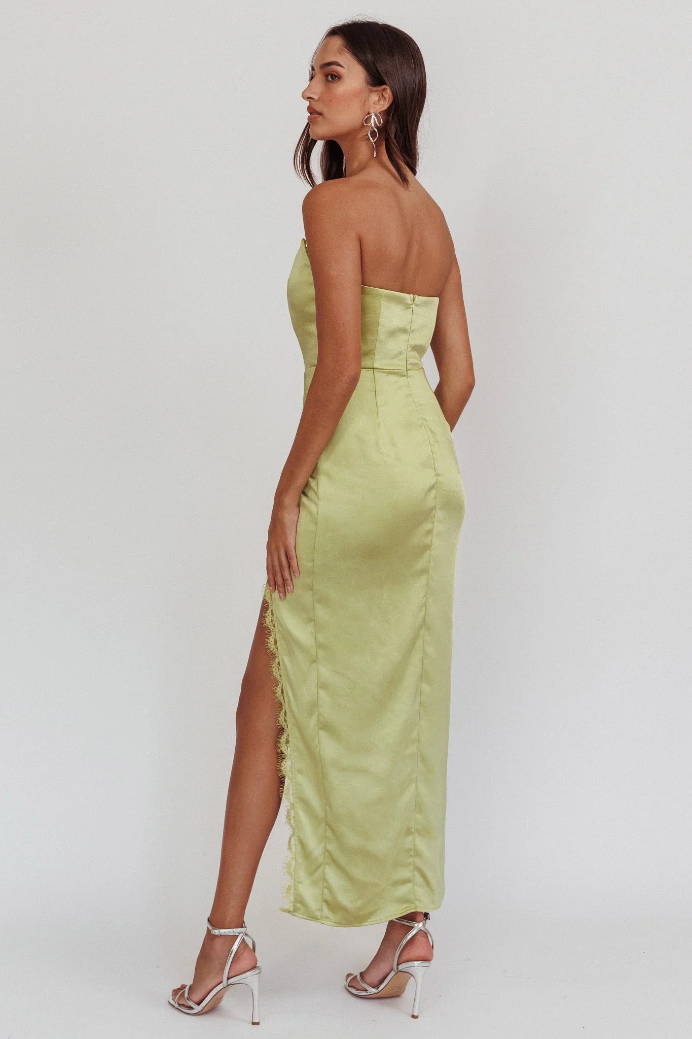 Winter Moon Strapless Lace Trim Midi Dress Sage