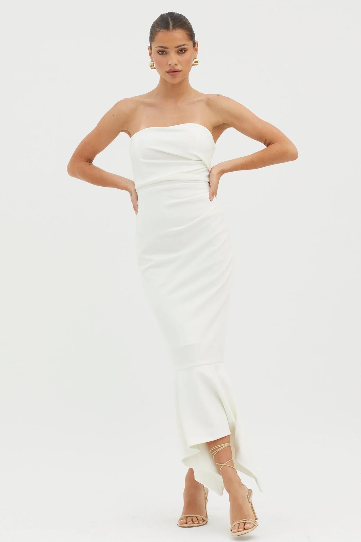 Sharona Strapless Gathered Midi Dress White