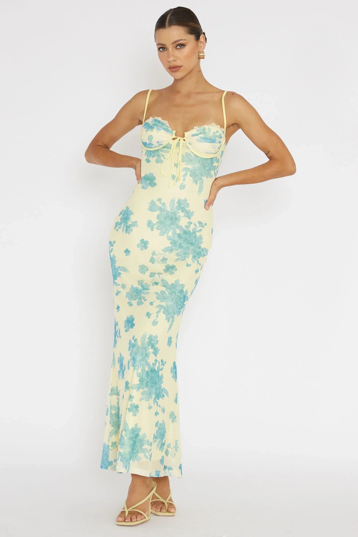 Fortune Lace Trim Mesh Midi Dress Yellow